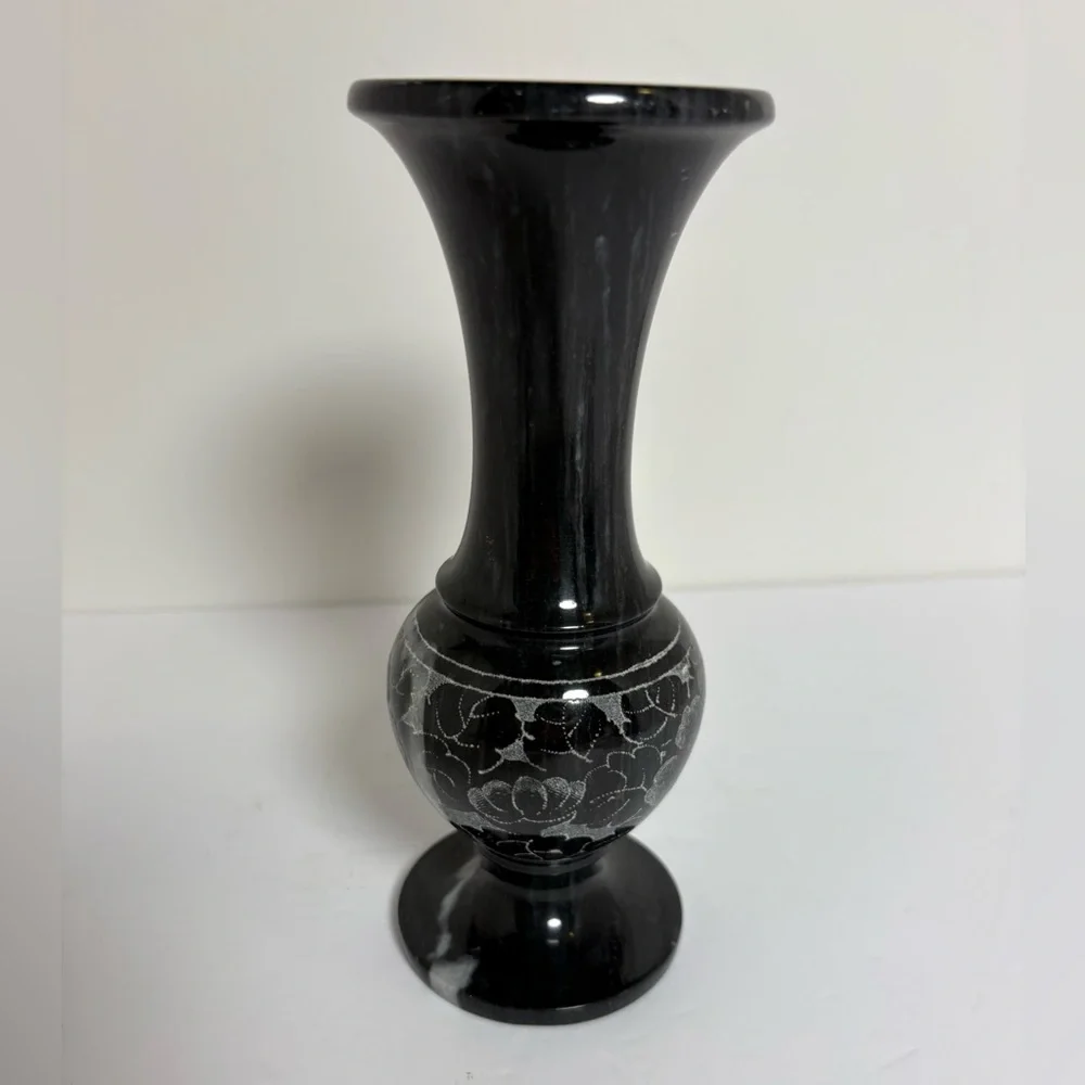 Vintage Marble Dark Gray Floral Etched Vase